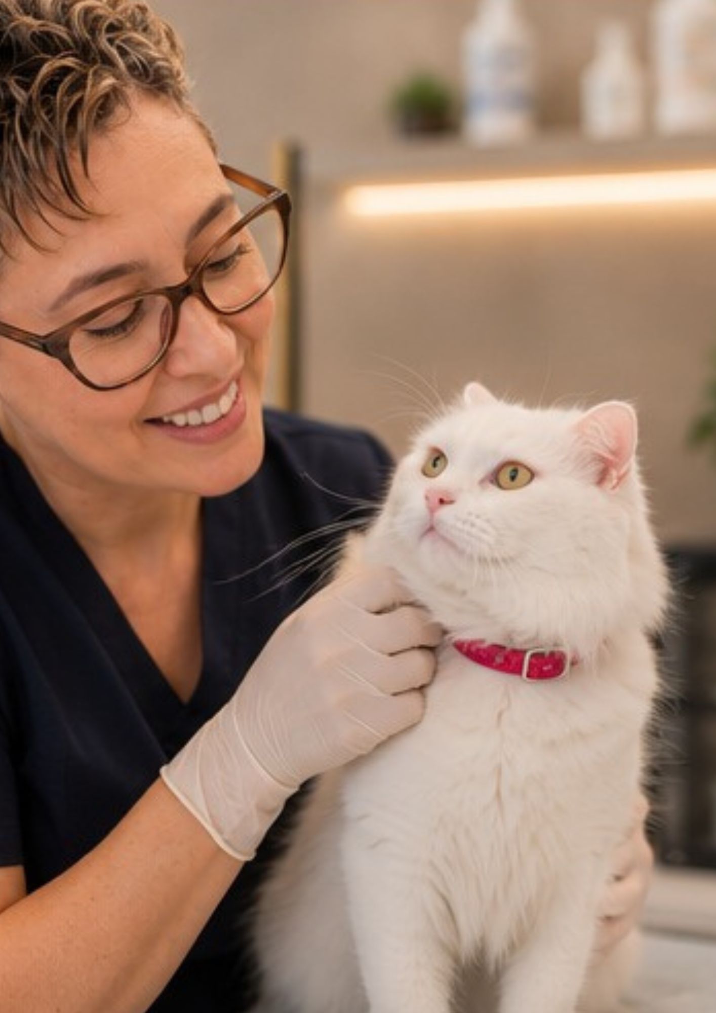 Dra. Joici Moreira cuidando de um gato branco com delicadeza